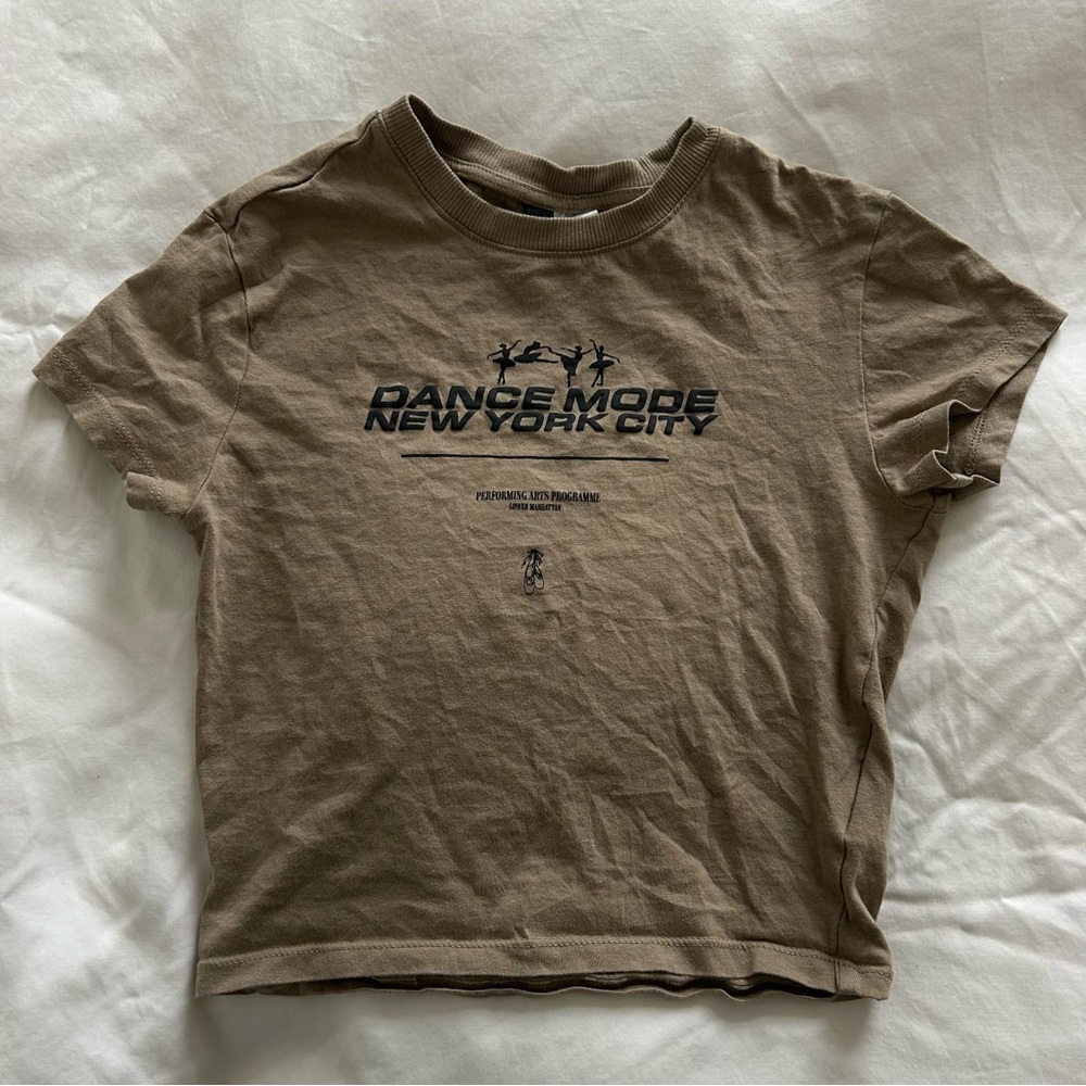 H&M khaki green brown short sleeve crop top with Dance Mode NYC graphic